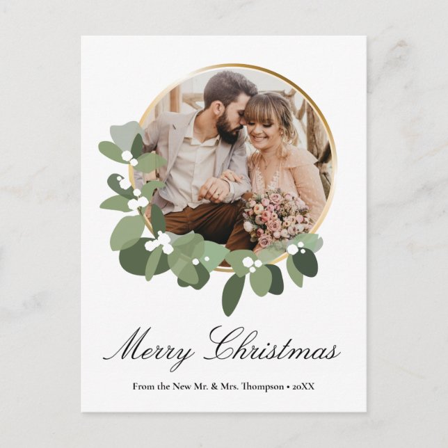 Custom Newlywed Photo Wreath frame Merry Christmas Holiday Postcard (Front)