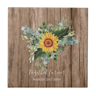 Custom Newlyweds Rustic Sunflowers Eucalyptus Leaf Tile