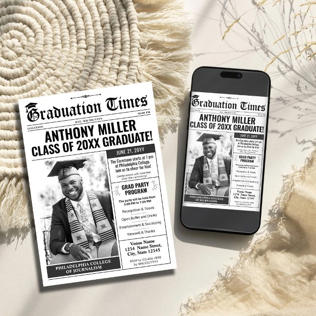 Custom Newspaper Graduation Invite Announcement (Newspaper Graduation Invitation Grad Announcement Card)