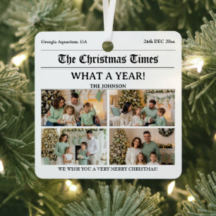 Custom Newspaper Style Family Christmas Photo Metal Tree Decoration