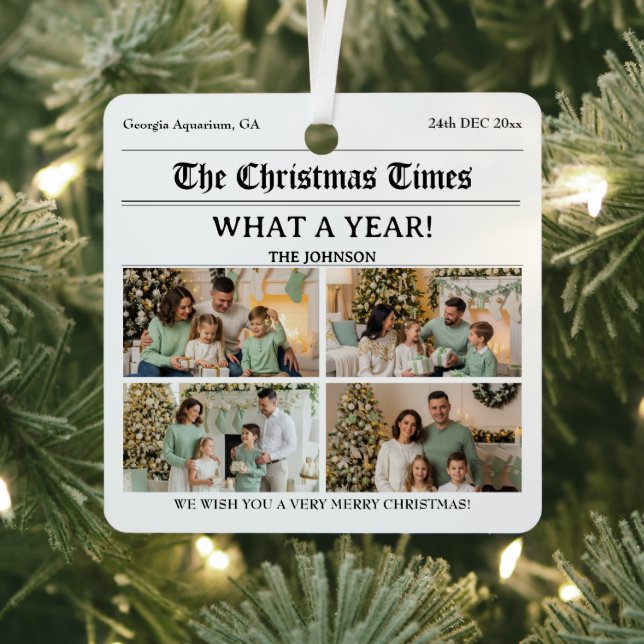 Custom Newspaper Style Family Christmas Photo Metal Tree Decoration (Insitu)