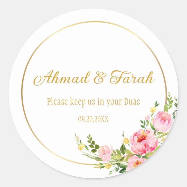 Custom Nikkah Shaadi Islamic Wedding Floral Classic Round Sticker (Front)