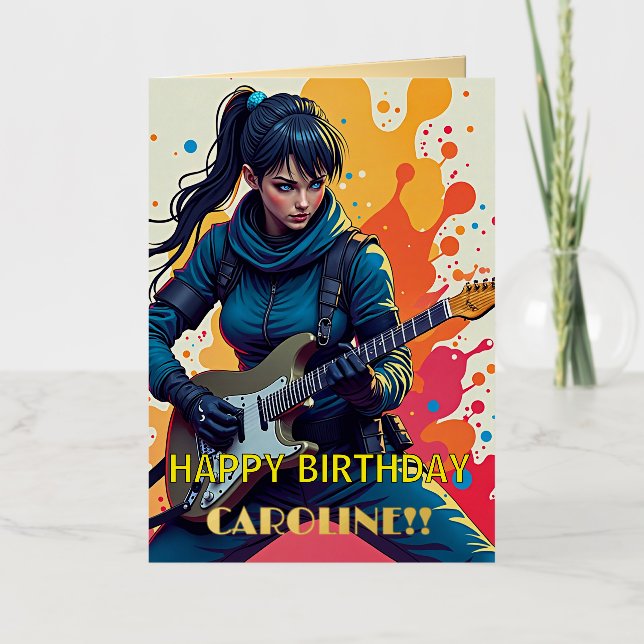 Custom Ninja Girl Guitarist Art Inspirational Foil Greeting Card (Front)