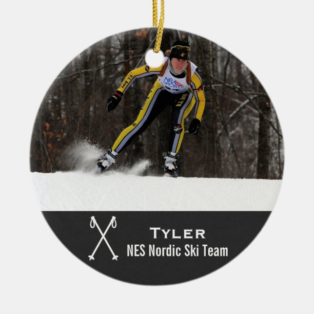 Custom Nordic Cross Country Skiing Photo Collage Ceramic Tree Decoration (Front)