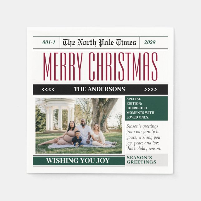 Custom North Pole Newspaper Christmas Photo Napkin (Front)