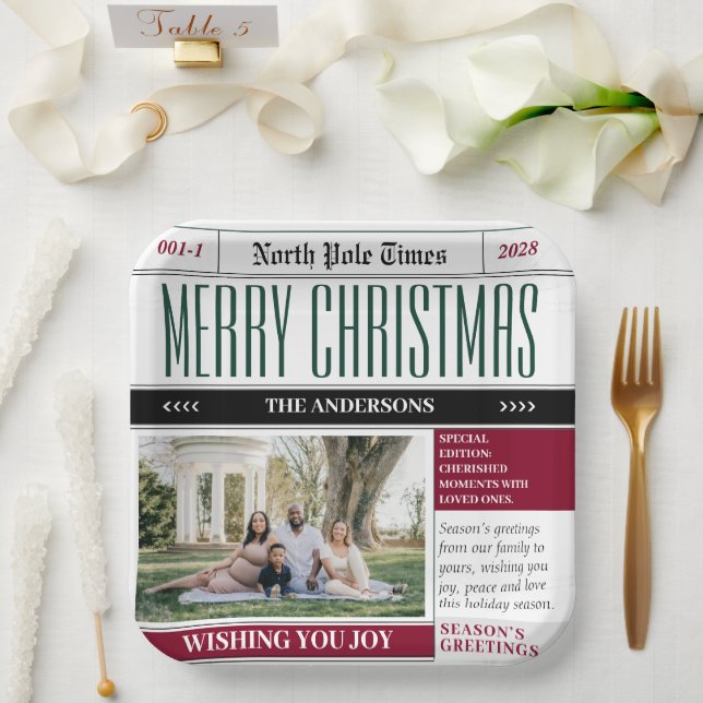 Custom North Pole Newspaper Christmas Photo Paper Plate (Wedding)