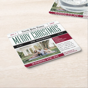 Custom North Pole Newspaper Christmas Photo Square Paper Coaster