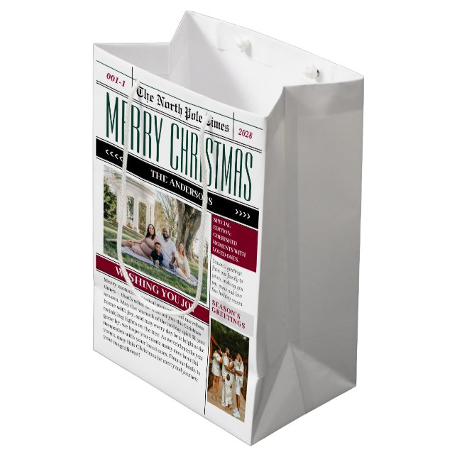 Custom North Pole Times Newspaper Christmas Photo Medium Gift Bag (Front Angled)