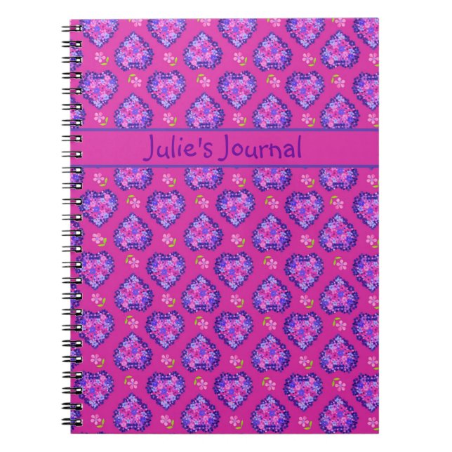 Custom Notebook, Magenta Hearts and Flowers Notebook (Front)