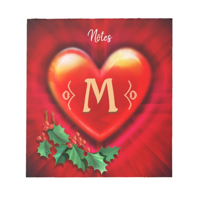 Custom Notepad Monogram Heart design Christmas. (Front)