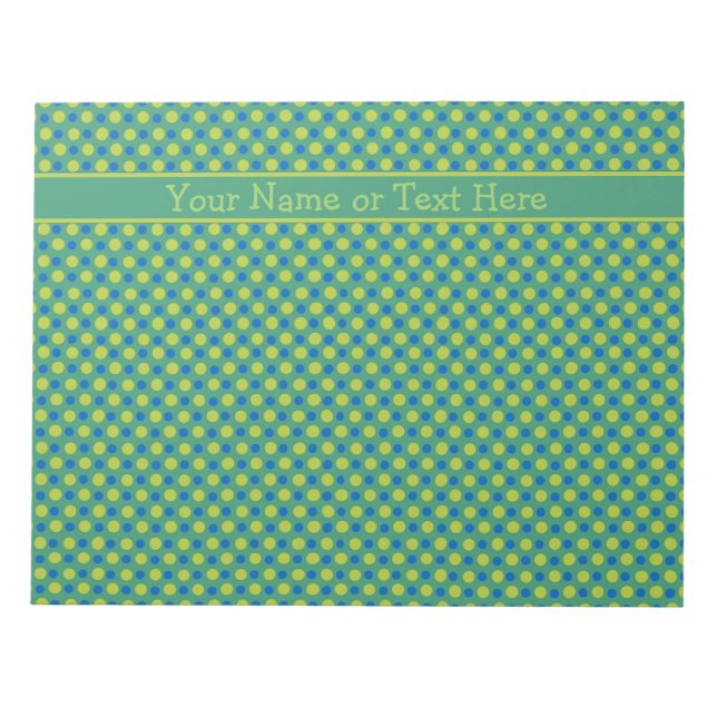 Custom Notepad or Jotter,  Blue, Green Polka Dots (Front)