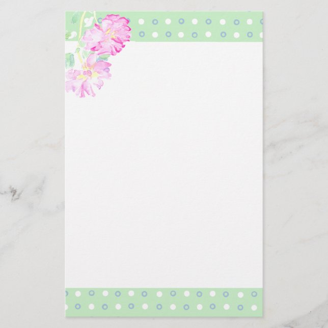 Custom Notepaper, Pink Roses, Polka Dots Stationery (Front)