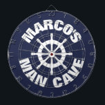 Custom novelty design nautical man cave dartboard<br><div class="desc">Custom novelty design nautical man cave dartboard. Funny maritime theme dart board design with personalised name and old ship wheel logo. Cool wall decor game for real men's man cave, cabin, fish restaurant, bar, pub, dorm room, bedroom, kitchen, diner, cafe, office, shop, store, boat, ship, deck, graden, wedding party, business,...</div>