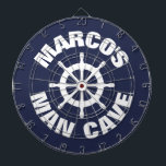 Custom novelty design nautical man cave dartboard<br><div class="desc">Custom novelty design nautical man cave dartboard. Funny maritime theme dart board design with personalised name and old ship wheel logo. Cool wall decor game for real men's man cave, cabin, fish restaurant, bar, pub, dorm room, bedroom, kitchen, diner, cafe, office, shop, store, boat, ship, deck, graden, wedding party, business,...</div>