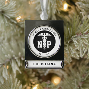 Custom NP Nurse Practitioner Graduation Caduceus Silver Plated Banner Ornament
