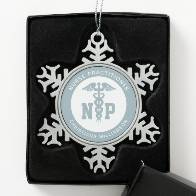 Custom NP Nurse Practitioner Graduation Caduceus Snowflake Pewter Christmas Ornament (Box)