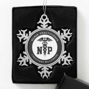 Custom NP Nurse Practitioner Graduation Caduceus Snowflake Pewter Christmas Ornament