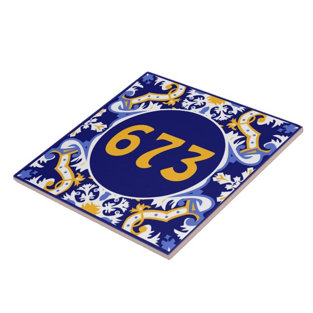 Custom number periwinkle, blue and yellow Azulejos Tile (Side)