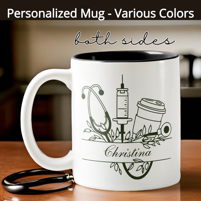 Custom Nurse Floral Monogram Mug, Graduation Gift Two-Tone Coffee Mug (nurse mug, floral monogram nurse mug, personalized nurse gift, best nurse ever mug,)
