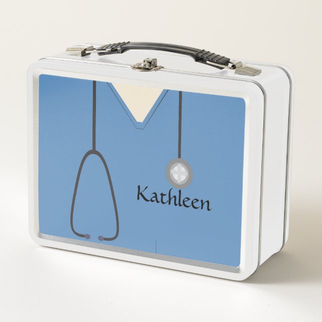 Custom Nurse Medical Scrubs Blue Metal Lunch Box (Front)