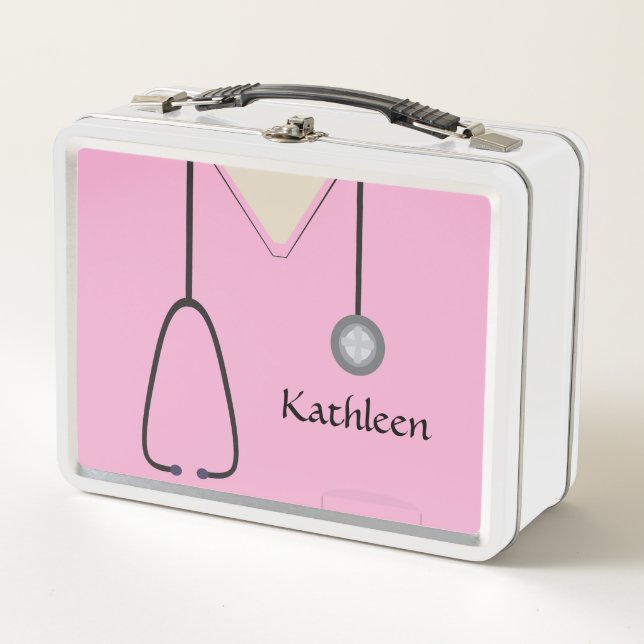 Custom Nurse Medical Scrubs Pink Metal Lunch Box (Front)