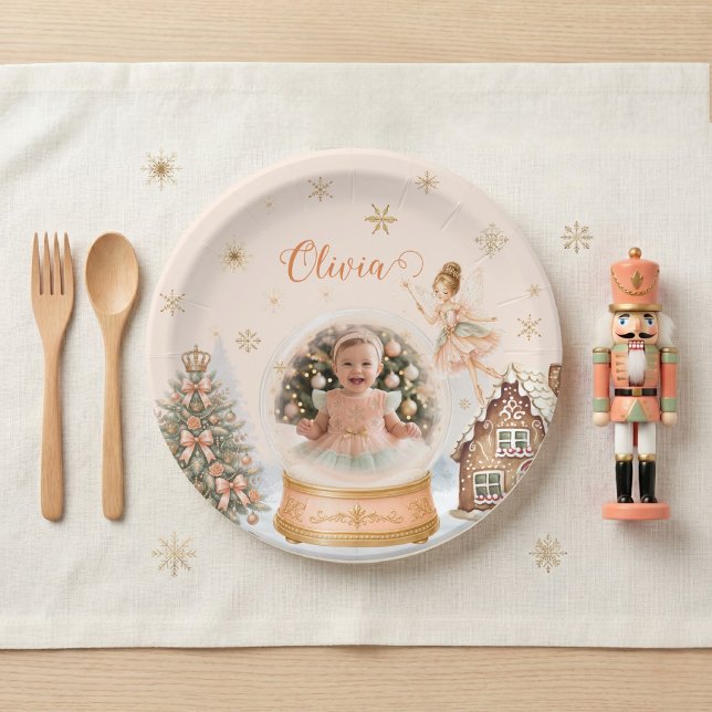  Custom Nutcracker Photo Snow Globe 1st Birthday Paper Plate (Custom Nutcracker Photo Snow Globe 1st Birthday Paper Plate)