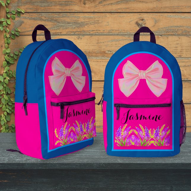 Custom Ocean Blue Pink Wildflower Name for Girls Printed Backpack (Creator Uploaded)