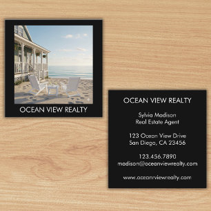 Custom Ocean View Photo  Realty Black Square Business Card