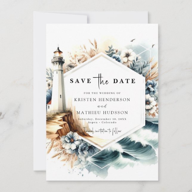 Custom Oceanic Whimsy Lighthouse Wedding Save The Date (Front)
