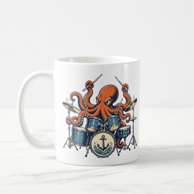 Custom Octopus Drummer Design Coffee Mug (Left)