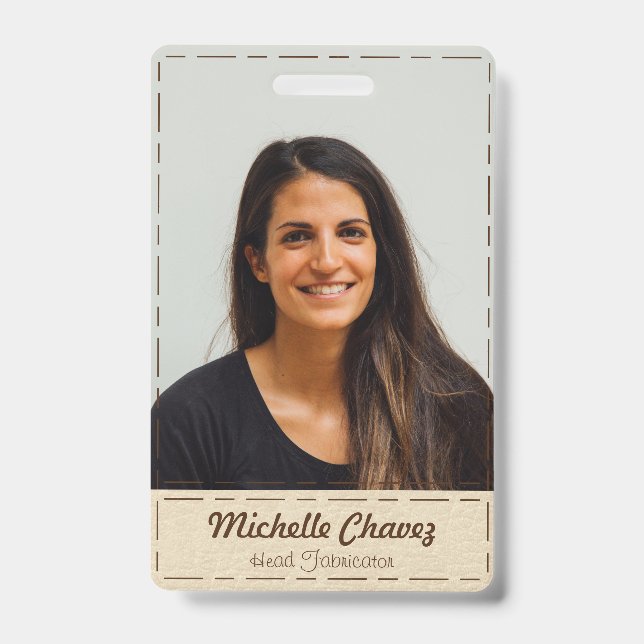 Custom Off-White Stiched Leather Employee Photo ID Badge (Front)