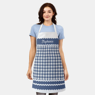Custom Old Dark Blue White Cottage Gingham Plaid Apron