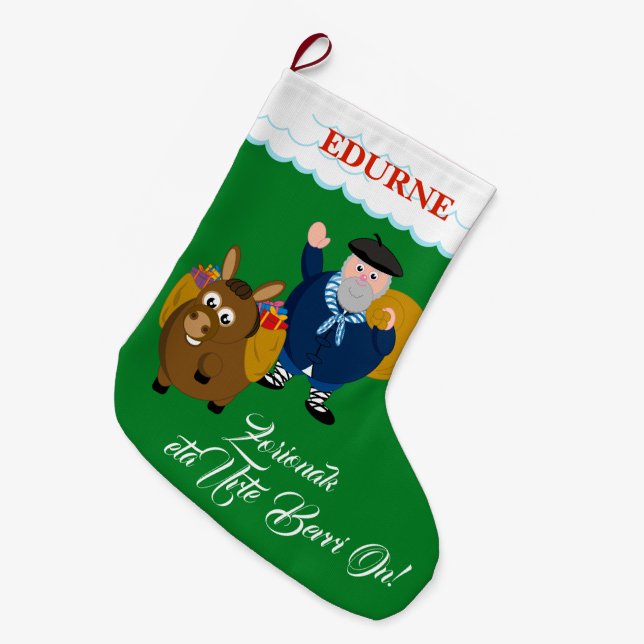Custom, Olentzero + "Zorionak eta Urte Berri On", Large Christmas Stocking (Front (Hanging))