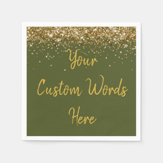 Custom Olive Green and Gold Glitter Birthday Party Napkin (Front)