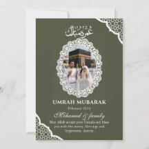 Custom Olive Green Umrah Mubarak Photo Card Elegan
