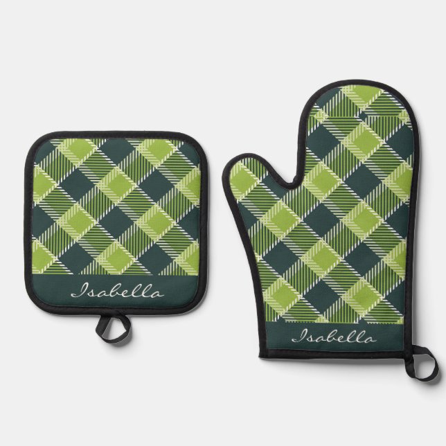 Custom Olive Green White Black Plaid Pattern Oven Mitt & Pot Holder Set (Front)