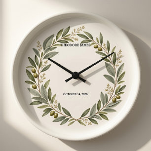 Custom Olive Wreath Baby Birth Stats Acrylic Wall  Large Clock