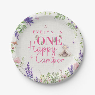 Custom One Happy Camper Baby Girls First Birthday Paper Plate