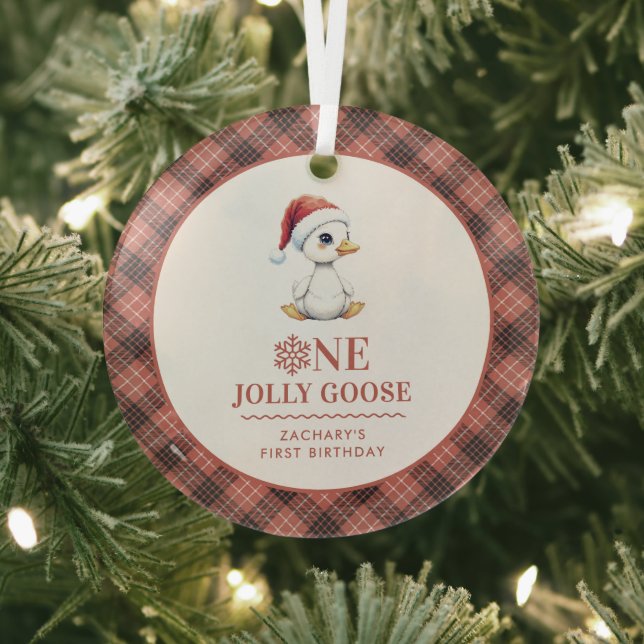 Custom One Jolly Goose December First Birthday Glass Tree Decoration (Insitu)