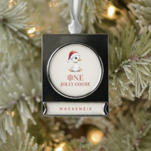 Custom One Jolly Goose December First Birthday Silver Plated Banner Ornament