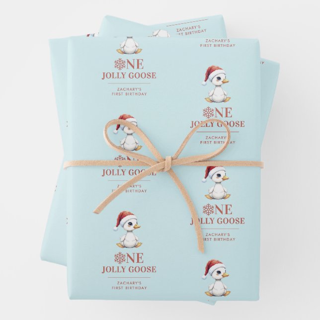 Custom One Jolly Goose December First Birthday Wrapping Paper Sheet (In situ)