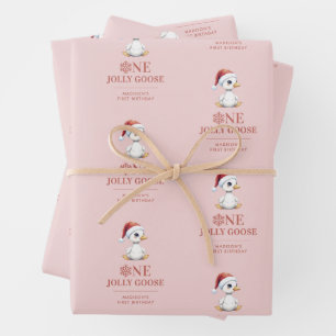 Custom One Jolly Goose December First Birthday Wrapping Paper Sheet