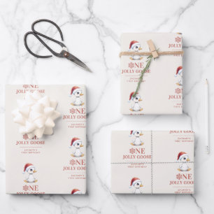Custom One Jolly Goose December First Birthday Wrapping Paper Sheet