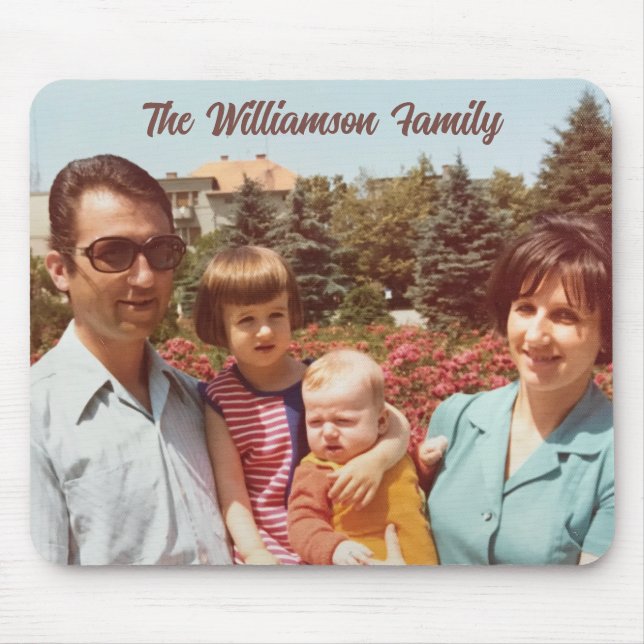 Custom One Photo Family Name Retro Script Simple  Mouse Mat (Front)