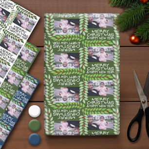 Custom One Photo Merry Christmas Leaves Berries Wrapping Paper Sheet