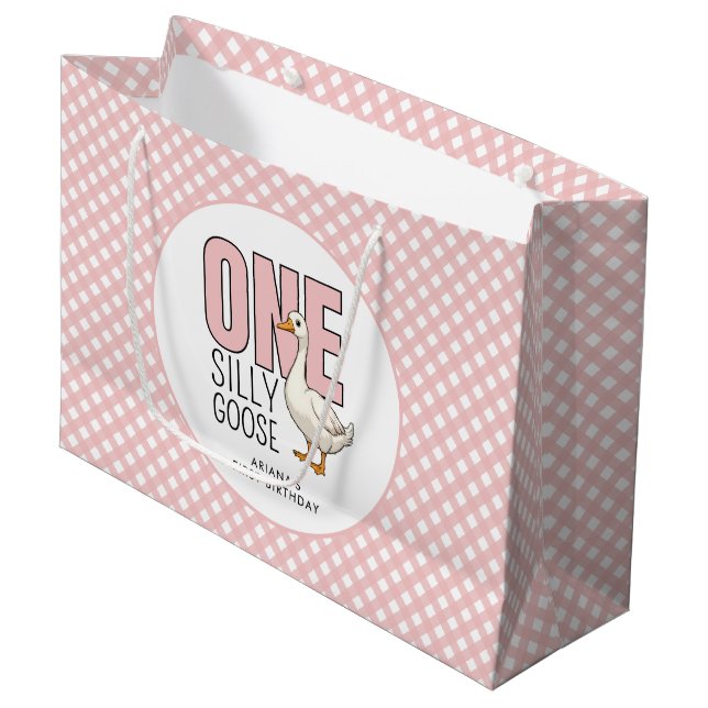 Custom One Silly Goose 1st Birthday Plaid Pattern Large Gift Bag (Front Angled)