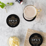 Custom Opa's Pub Home Bar Year Established Round Paper Coaster<br><div class="desc">Gift a special grandfather with these awesome custom coasters for Father's Day. Makes a great addition to grandpa's home bar setup,  featuring "Opa's Pub" and the year established on a vintage style bar logo. All text is customisable; switch up the nickname or swap bar for pub if desired.</div>