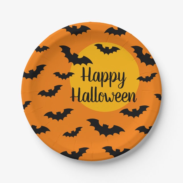 Custom orange and black bats Halloween party Paper Plate (Front)