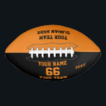 Custom orange black Football Name, Number, Team American Football<br><div class="desc">Create your own custom orange black white Football with Name, Number, Team Name, Slogan and Year. Personalise this simple classic football template with your custom message, name, team name and year. Easily personalise it for a cool sport keepsake. Create your unique personalised gift for coach, boy's birthday, football player, teammates...</div>