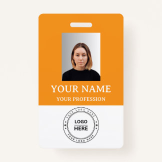 Custom orange Employee Badge with Photo, Logo, QR ID Badge